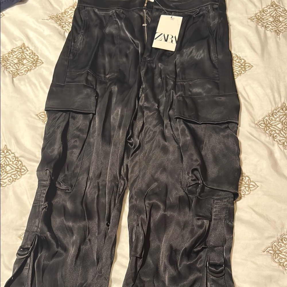 Zara Black Satin Cargo Pants new with tags